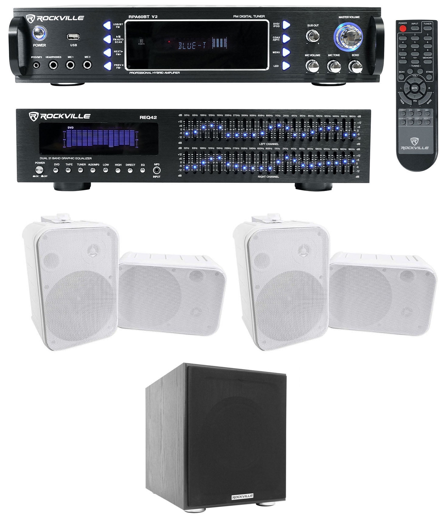 Rockville Home Theater Bluetooth Receiver+EQ+(4) 6.5" Speakers+8" Subwoofer Sub