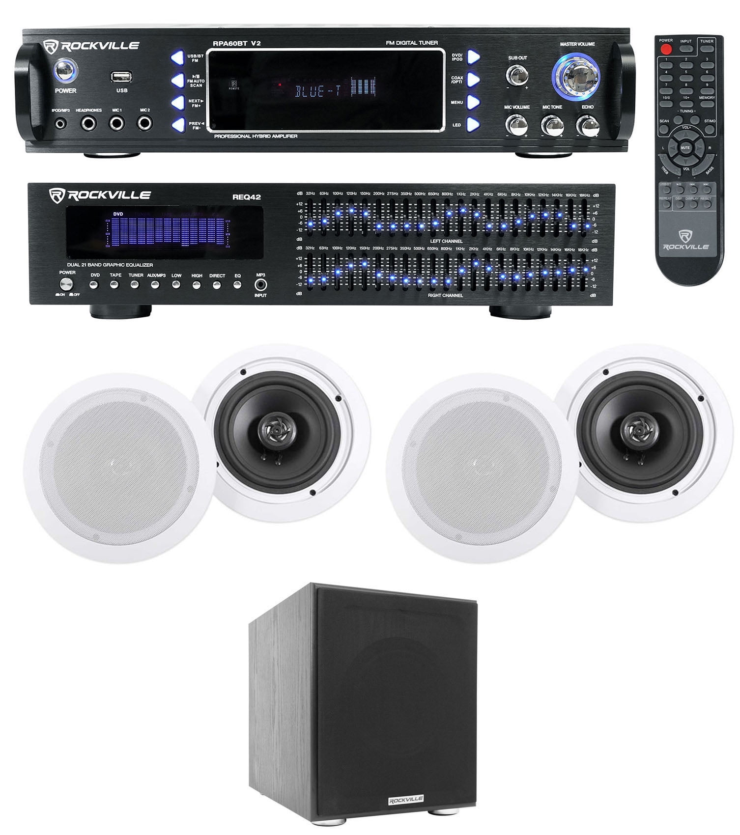 Rockville Home Theater Bluetooth Receiver+EQ+(4) Ceiling Speakers+8" Subwoofer