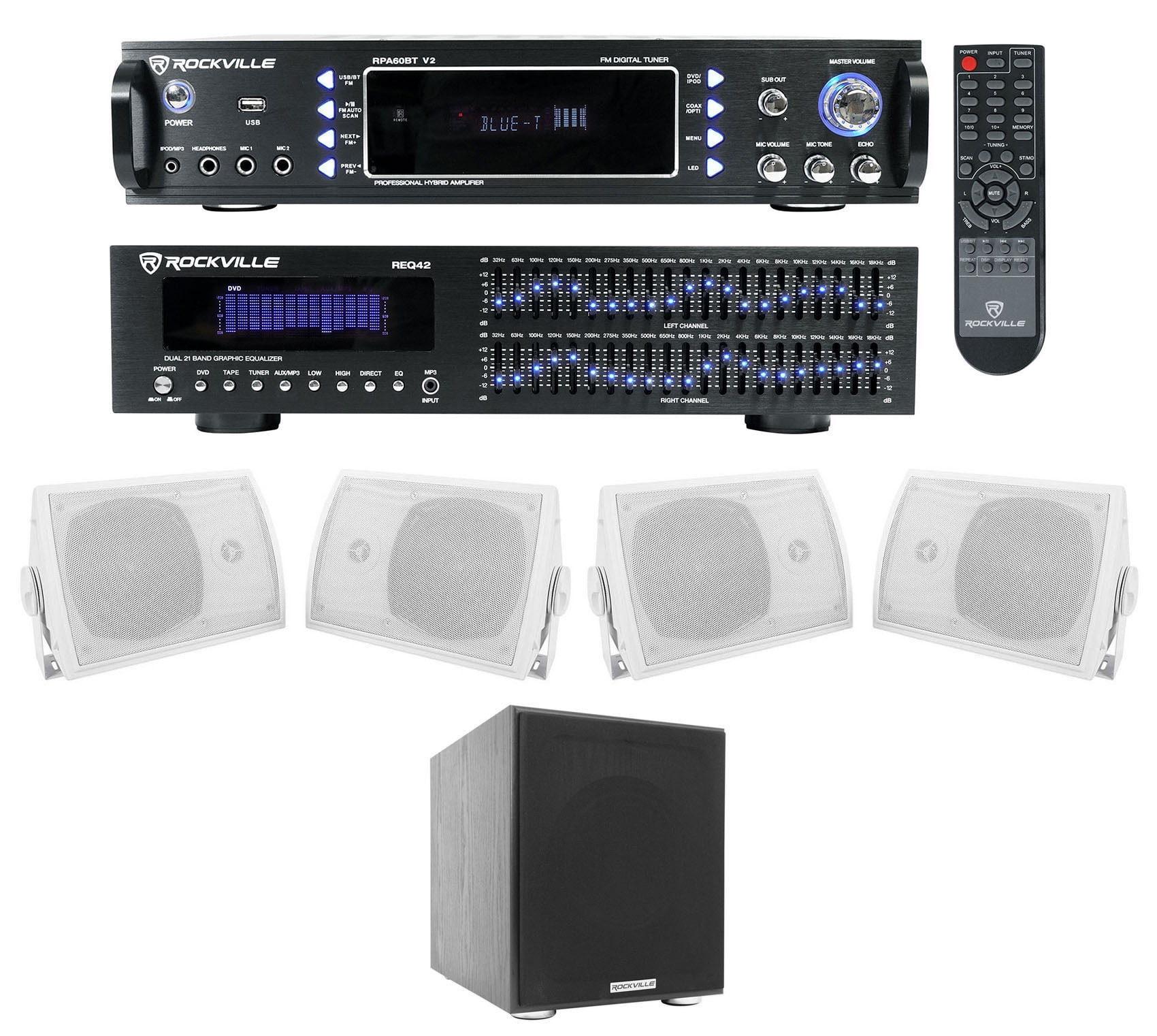 Rockville Home Theater Bluetooth Receiver+EQ+ (4) Speakers + 8" Subwoofer Sub