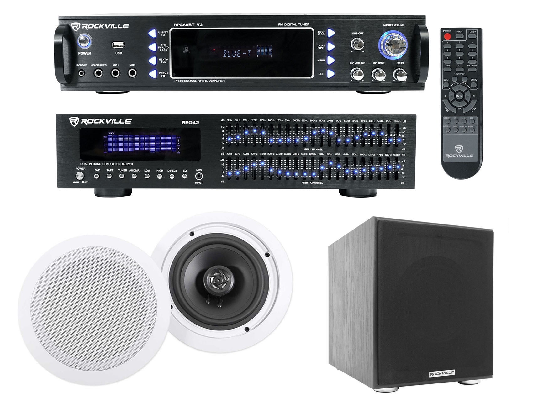 Rockville Home Theater Bluetooth Receiver+EQ+(2) Ceiling Speakers+8" Subwoofer