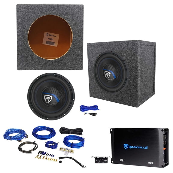 Rockville K5 W10K5S2 Bundle: 10 in 1200W Peak/300W RMS 2-Ohm Car Subwoofer, dB11 Mono Amplifier, RWK81 8-Gauge Amp Wiring Kit, RS10 Sealed Sub Enclosure, Complete Installation Kit, 5-items