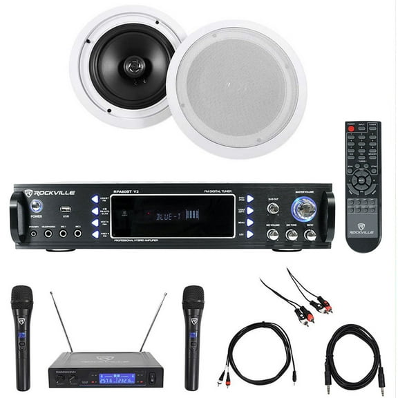Rockville Karaoke Bluetooth Amp/Mixer + (2) 8" Ceiling Speakers + Wireless Mics