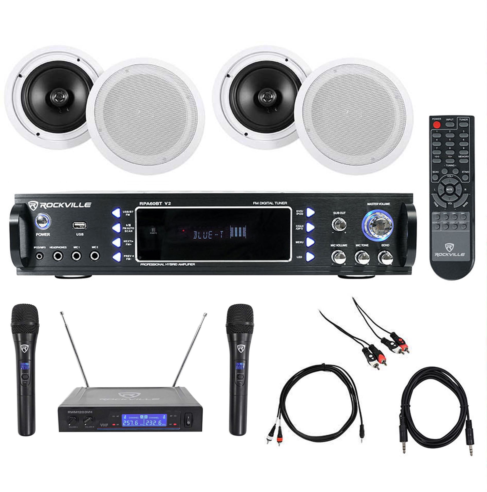 Rockville Karaoke Bluetooth Amp/Mixer + (4) 8" Ceiling Speakers + Wireless Mics