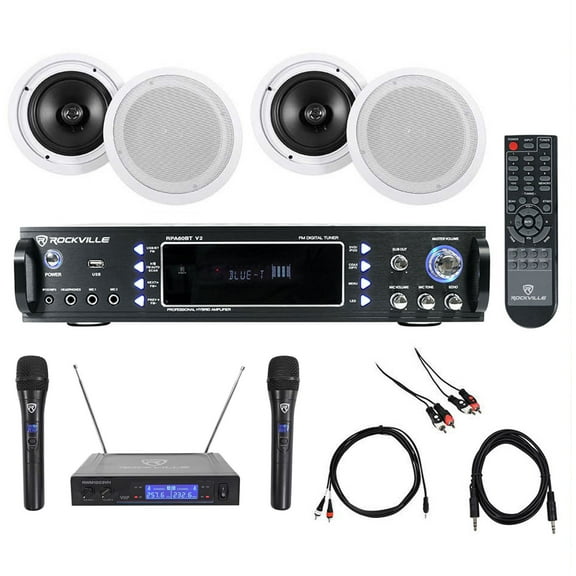 Rockville Karaoke Bluetooth Amp/Mixer + (4) 8" Ceiling Speakers + Wireless Mics