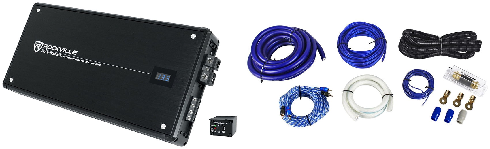Rockville Krypton-M5 8000w Peak / 2000w RMS Mono 1 Ohm Amplifier+Remote+Amp Kit