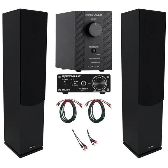 Rockville Lux 658 Bundle: (2) Dual 6.5-Inch 8-Ohm Tower Speakers, LUX 300 Amp, RDAC5B DAC, (2) BN10 Cables, RCDR10B RCA Cable, 7 Items