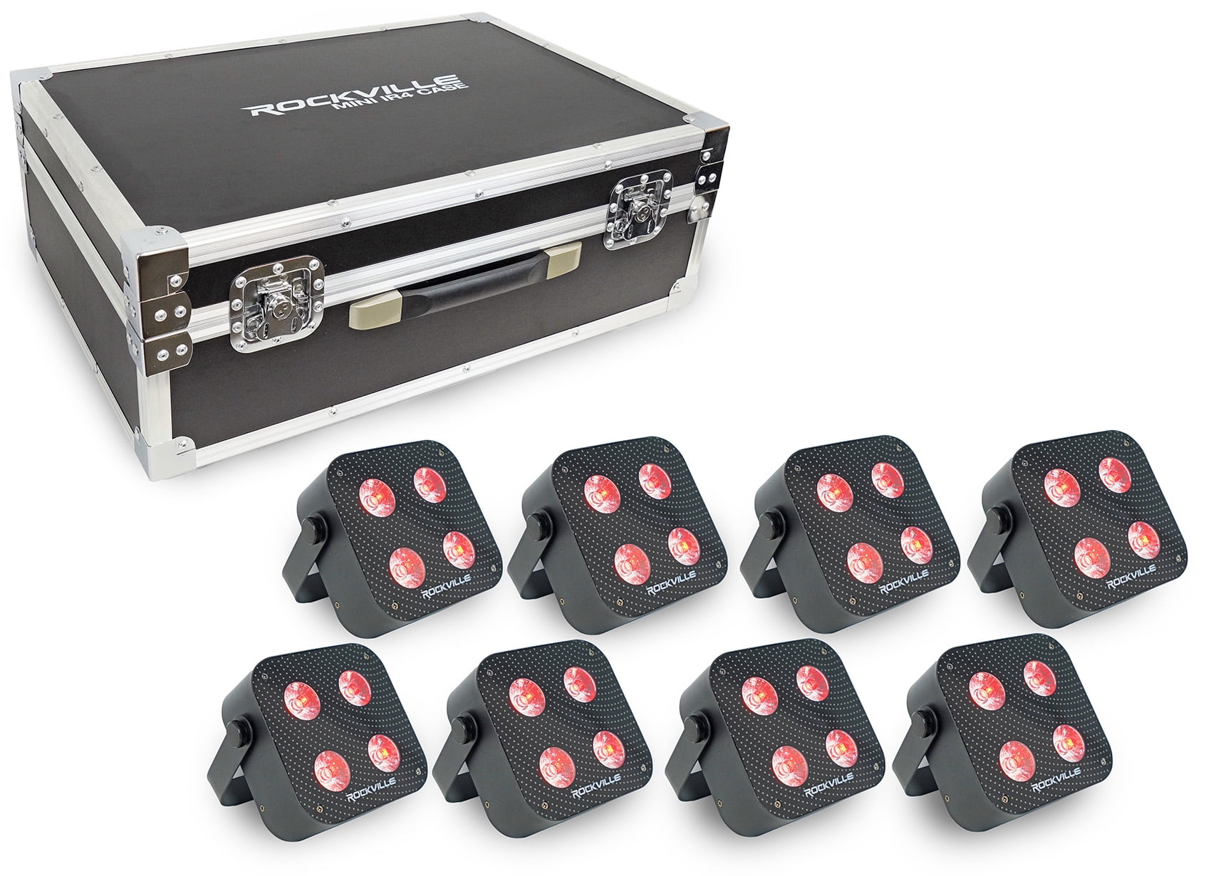 Rockville MINI IR4 CHARGE PACKAGE BLACK 8 DJ Par Wash Up Lights+Case+App Control