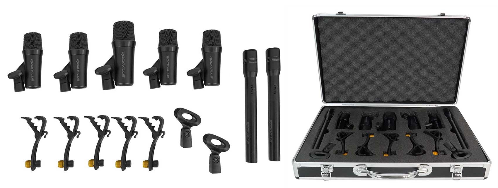 Rockville PRO-D7 KIT 7 Mic Drum Kit w/Bass+Snare+Condenser Overhead Microphones