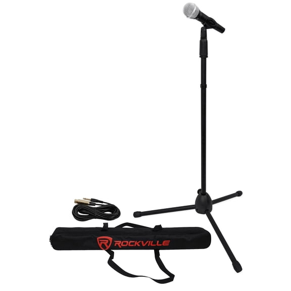 Rockville Pro Mic Kit 1 Vocal Microphone Kit, 600 Ohm, Uni-Directional Pickup, 20 ft XLR to 1/4 in OFC Cable, Adjustable Stand, Canvas Carry Bag, for Karaoke and Live Performance
