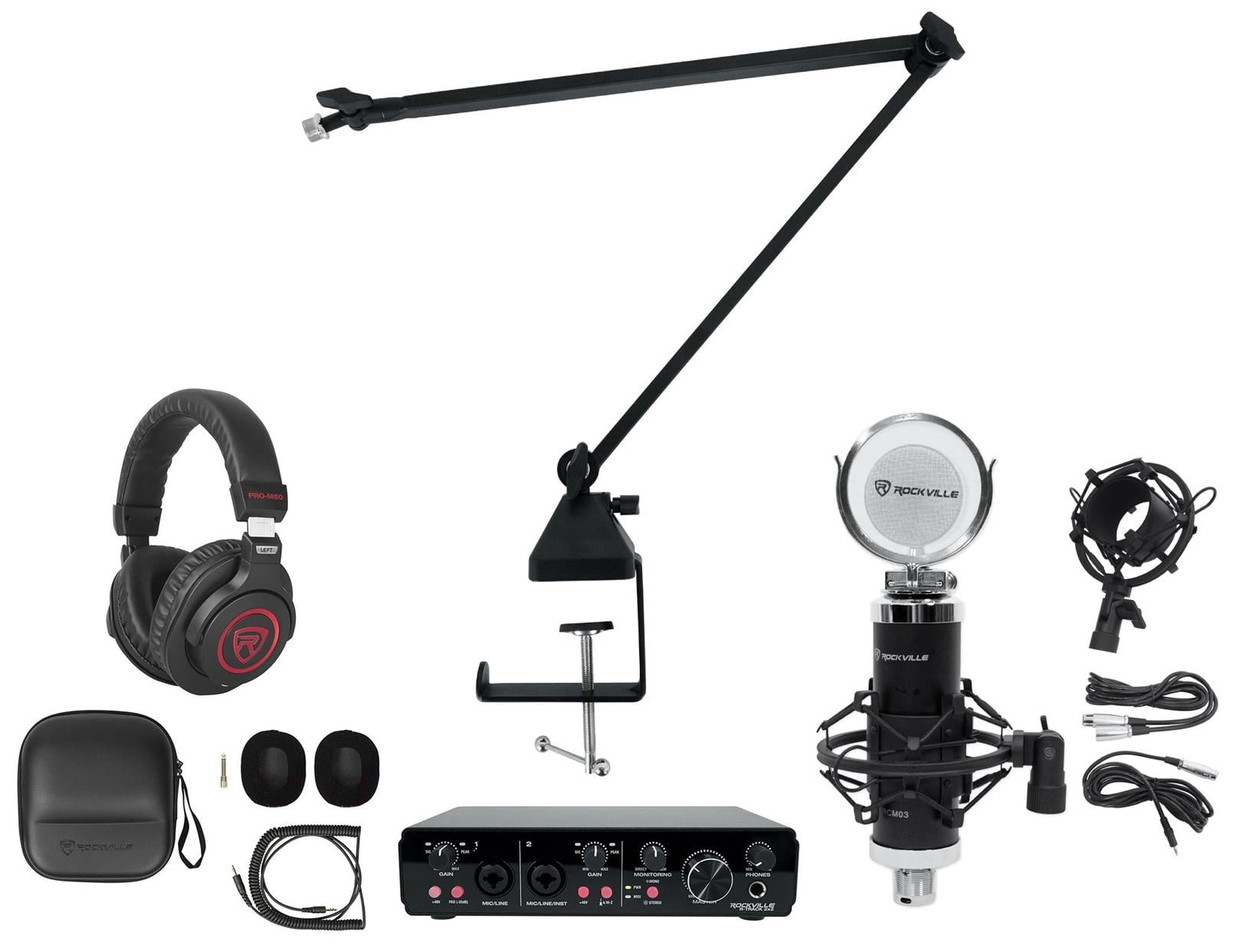 Rockville R-TRACK 2x2 1-Person Podcast Kit w/ RCM SR Microphone+Boom+Headphones