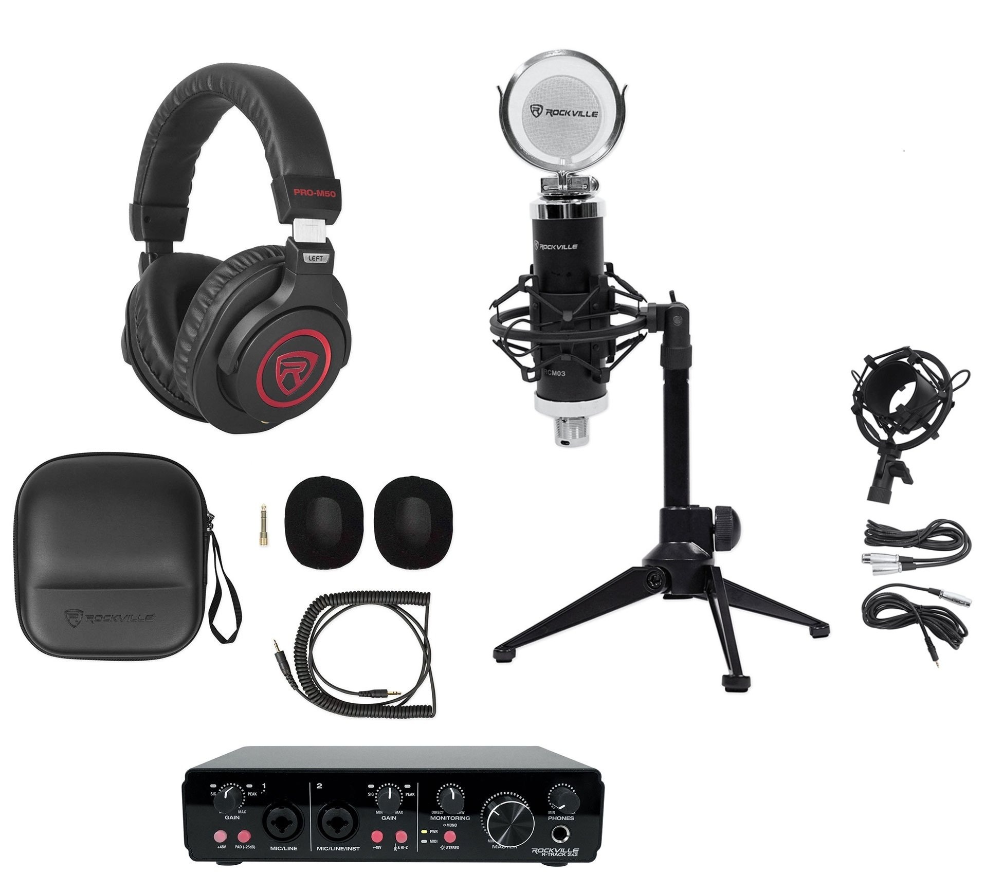 Rockville R-TRACK 2x2 1-Person Podcast Kit w/RCM SR Microphone+Stand+Headphones