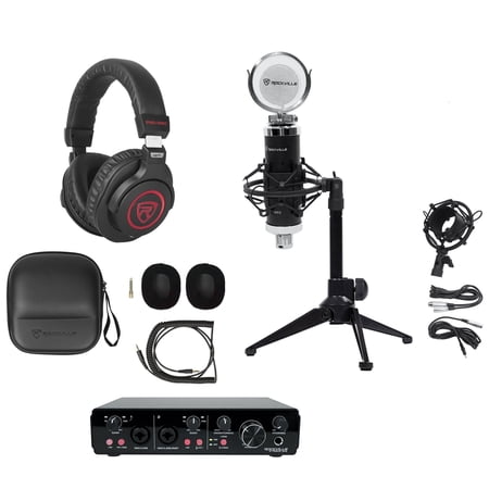 Rockville R-TRACK 2x2 1-Person Podcast Kit w/RCM SR Microphone+Stand+Headphones