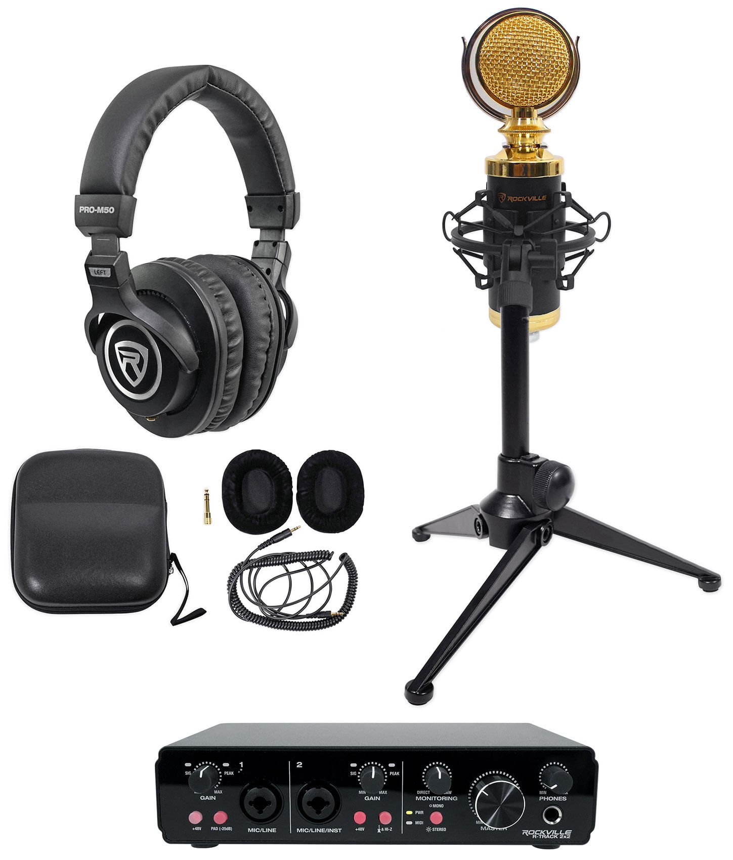 Rockville R-TRACK 2x2 1-Person Podcast Kit w/ RCM02 Microphone+Stand+Headphones