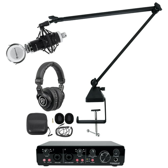 Rockville R-TRACK 2x2 1-Person Podcast Kit w/ RCM03 Microphone+Boom+Headphones