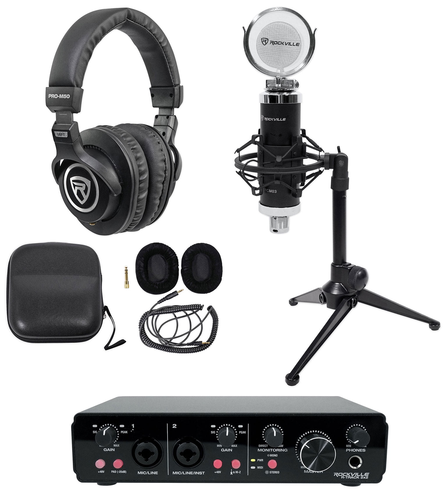 Rockville R-TRACK 2x2 1-Person Podcast Kit w/ RCM03 Microphone+Stand+Headphones