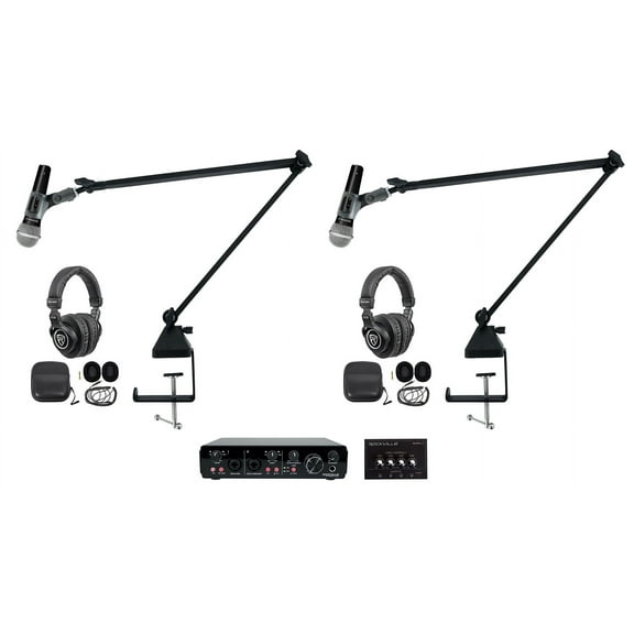 Rockville R-TRACK 2x2 2-Person Podcast Kit-Dynamic Microphones+Booms+Headphones