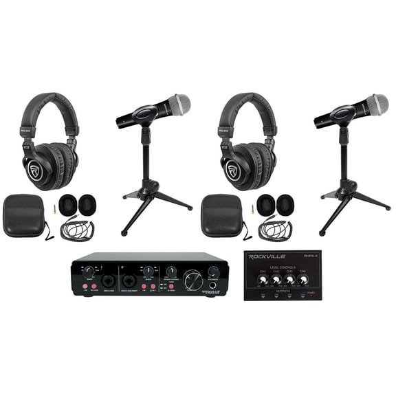 Rockville R-TRACK 2x2 2-Person Podcast Kit-Dynamic Microphones+Stands+Headphones