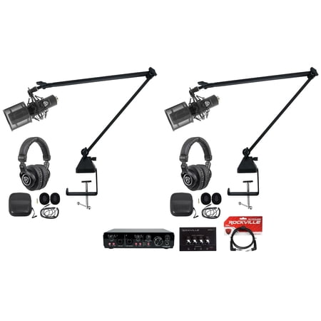 Rockville R-TRACK 2x2 Bundle: USB Recording Interface, (2) RCM PRO Condenser Mics, (2) PRO-M50 Headphones, (2) R-BOOM 34 Boom Arms, 9-items