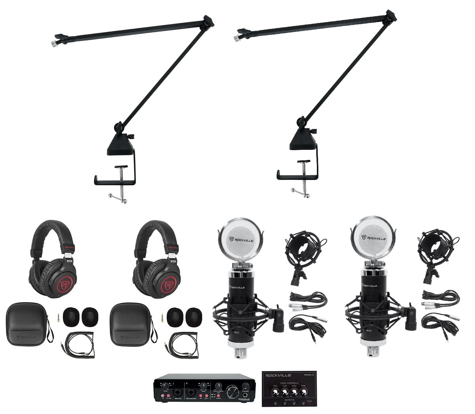Rockville R-TRACK 2x2 2-Person Podcast Kit w/ RCM SR Microphone+Boom+Headphones