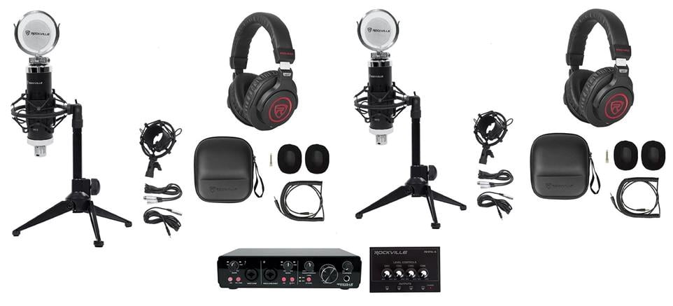 Rockville R-TRACK 2x2 2-Person Podcast Kit w/RCM SR Microphone+Stand+Headphones