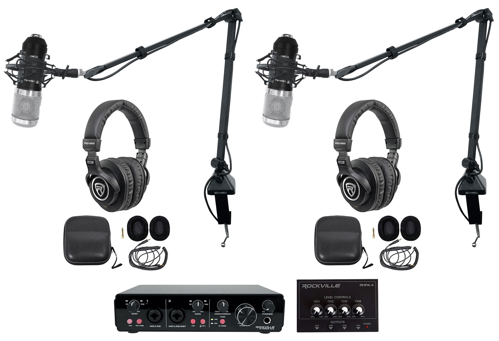 Rockville R-TRACK 2x2 2-Person Podcast Kit w/ RCM01 Microphone+Boom+Headphones