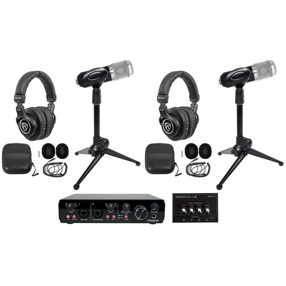 Rockville R-TRACK 2x2 2-Person Podcast Kit w/ RCM01 Microphone+Stand+Headphones