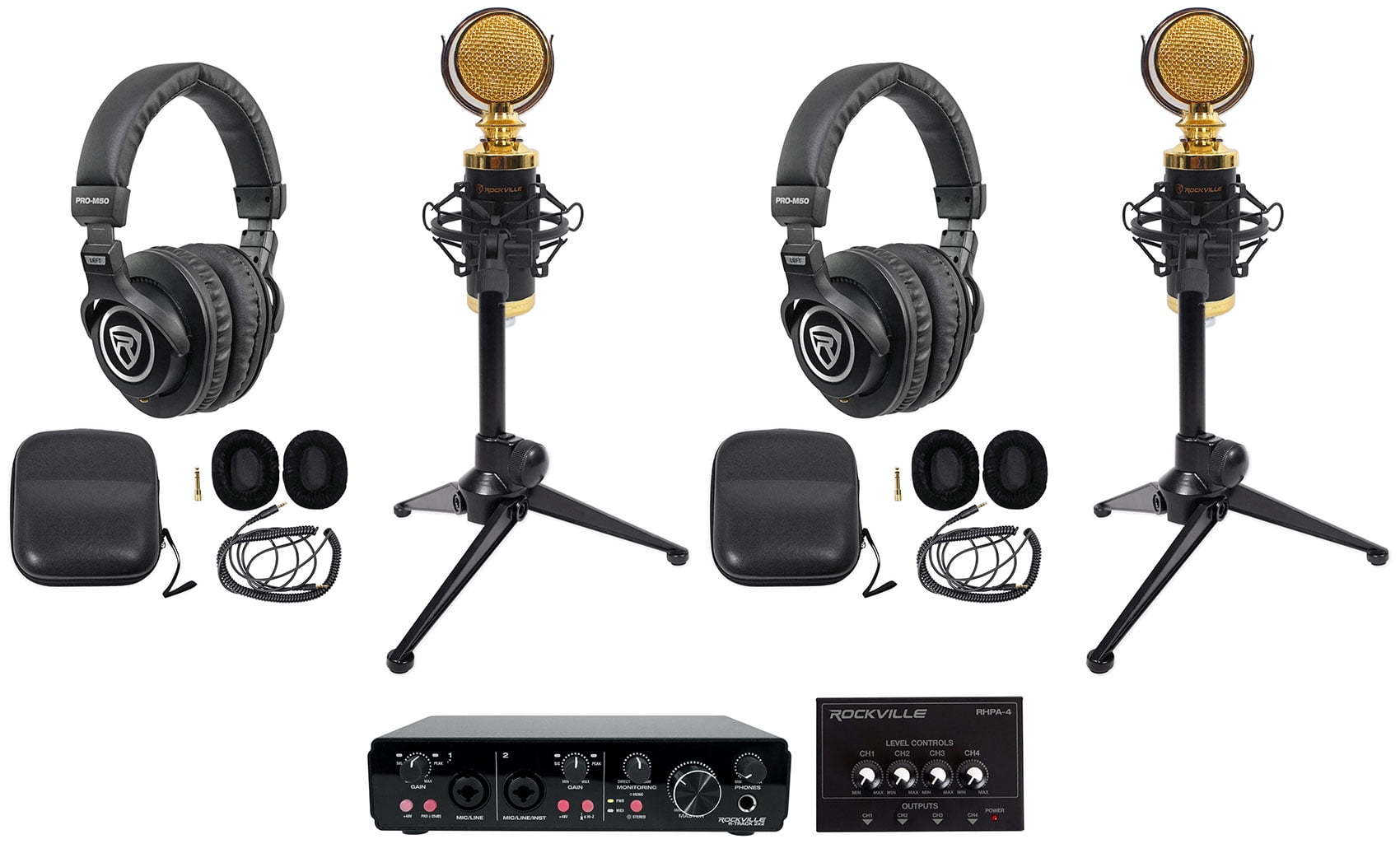 Rockville R-TRACK 2x2 2-Person Podcast Kit w/ RCM02 Microphone+Stand+Headphones