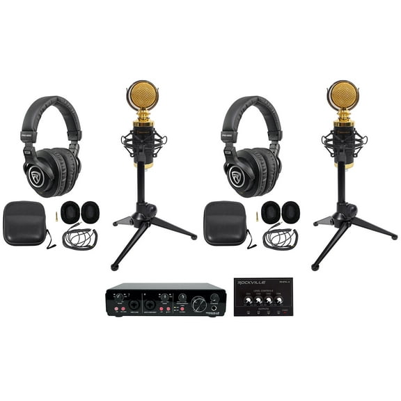Rockville R-TRACK 2x2 2-Person Podcast Kit w/ RCM02 Microphone+Stand+Headphones
