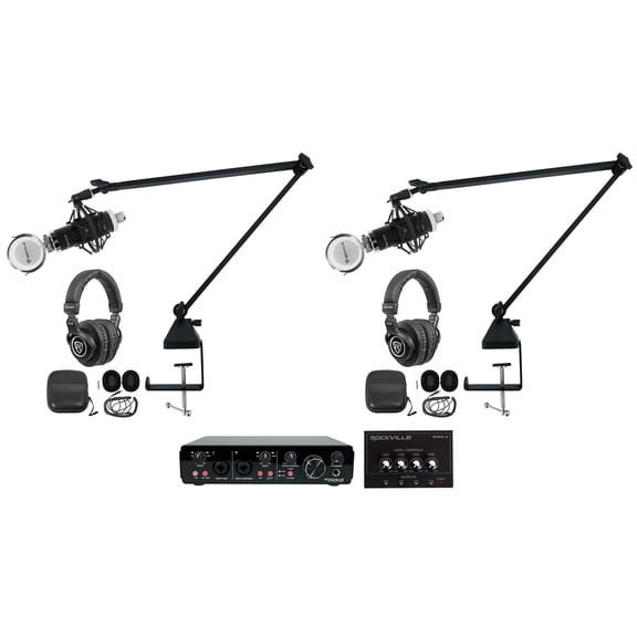 Rockville R-TRACK 2x2 2-Person Podcast Kit w/ RCM03 Microphone+Boom+Headphones