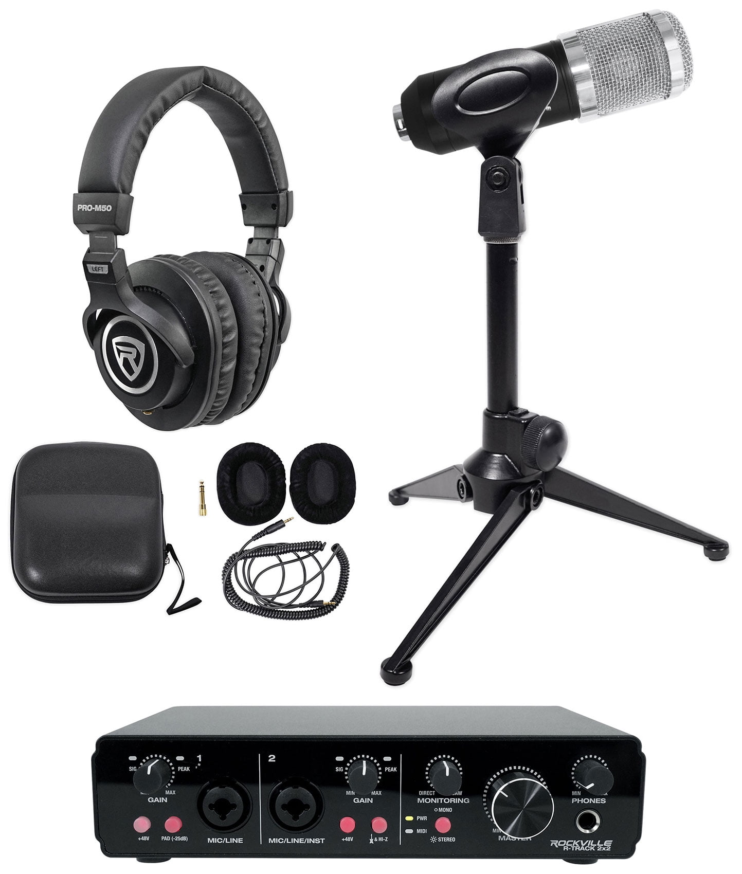 Rockville R-TRACK 2x2 Studio USB Recording Interface+RCM01 Mic+Stand+Headphones