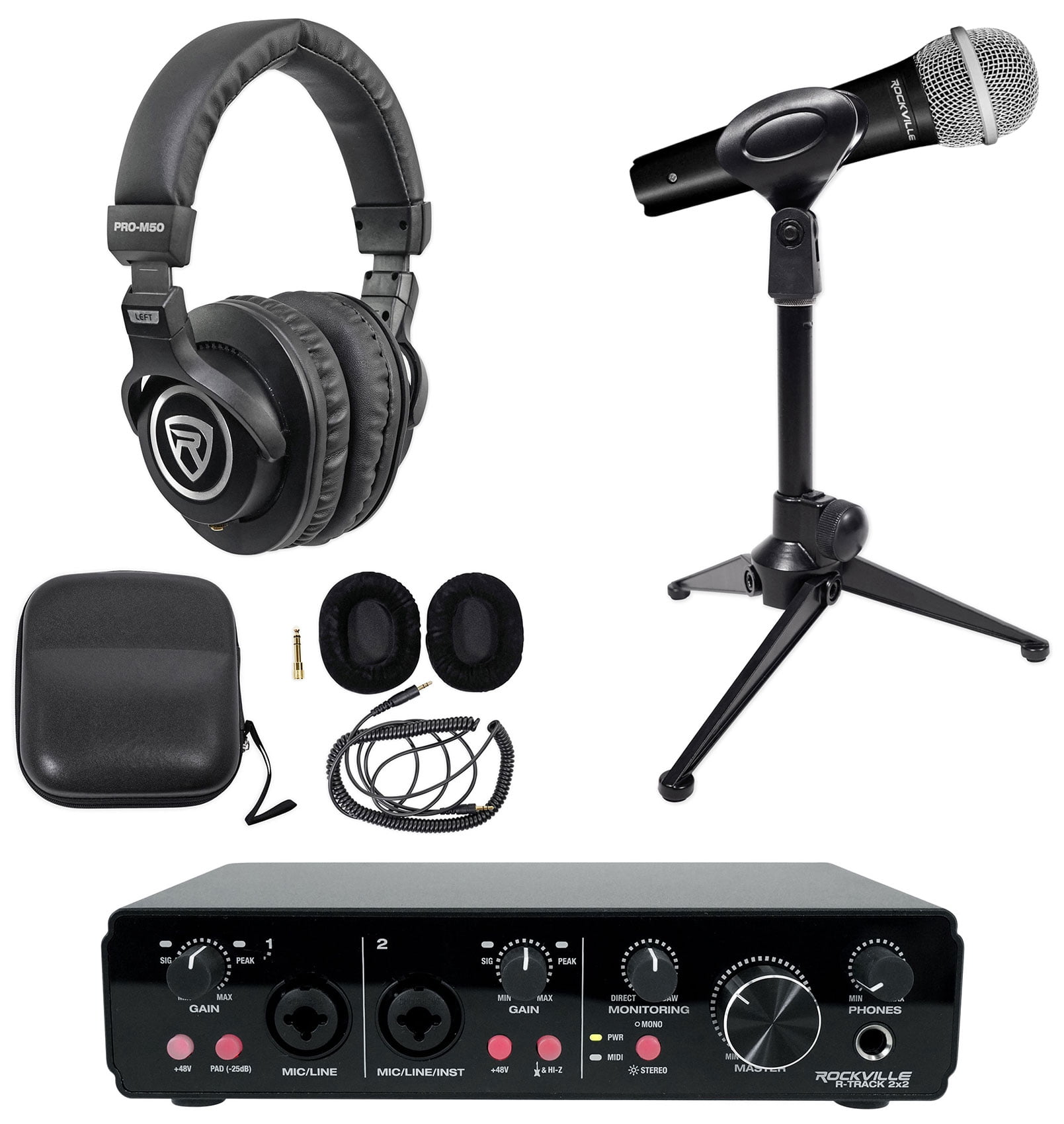 Rockville R-TRACK 2x2 USB Recording Interface+Dynamic Mic+Stand+Headphones