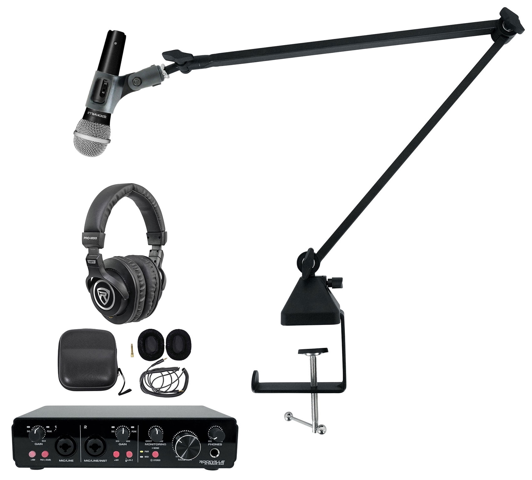 Rockville R-TRACK 2x2 USB Studio Recording Interface+Mic+Boom Arm+Headphones