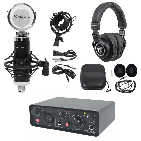 Rockville R-TRACK SOLO Bundle: USB C Audio Interface 24 Bit 192kHz, RCM03 Condenser Microphone, PRO-M50 Studio Headphones, 3-items
