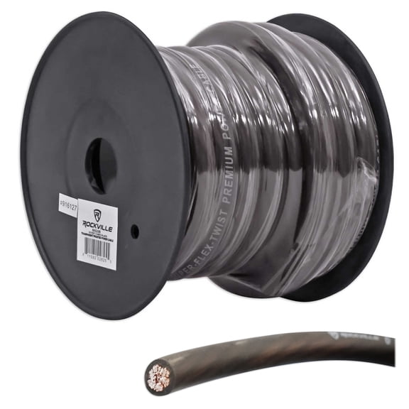 Rockville R0G20BLACK 0 Gauge 20-Ft. Spool Black Car Amp Power+Ground Wire Cable