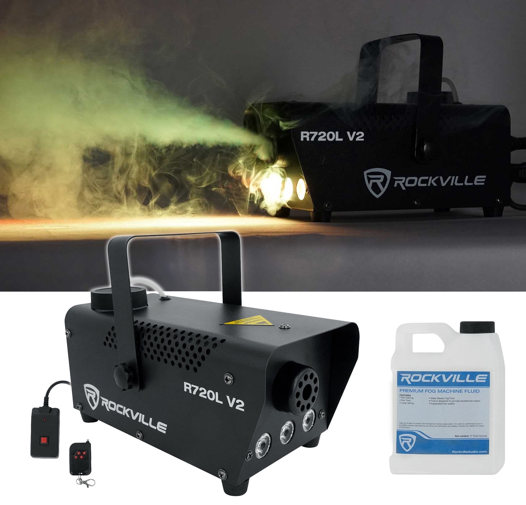 Rockville R720L V2 440W Fog Machine with RGB LED Lights, Wireless Timer Remote, 3000 CFM Output, Fast Heat Up, for DJ Party Stage