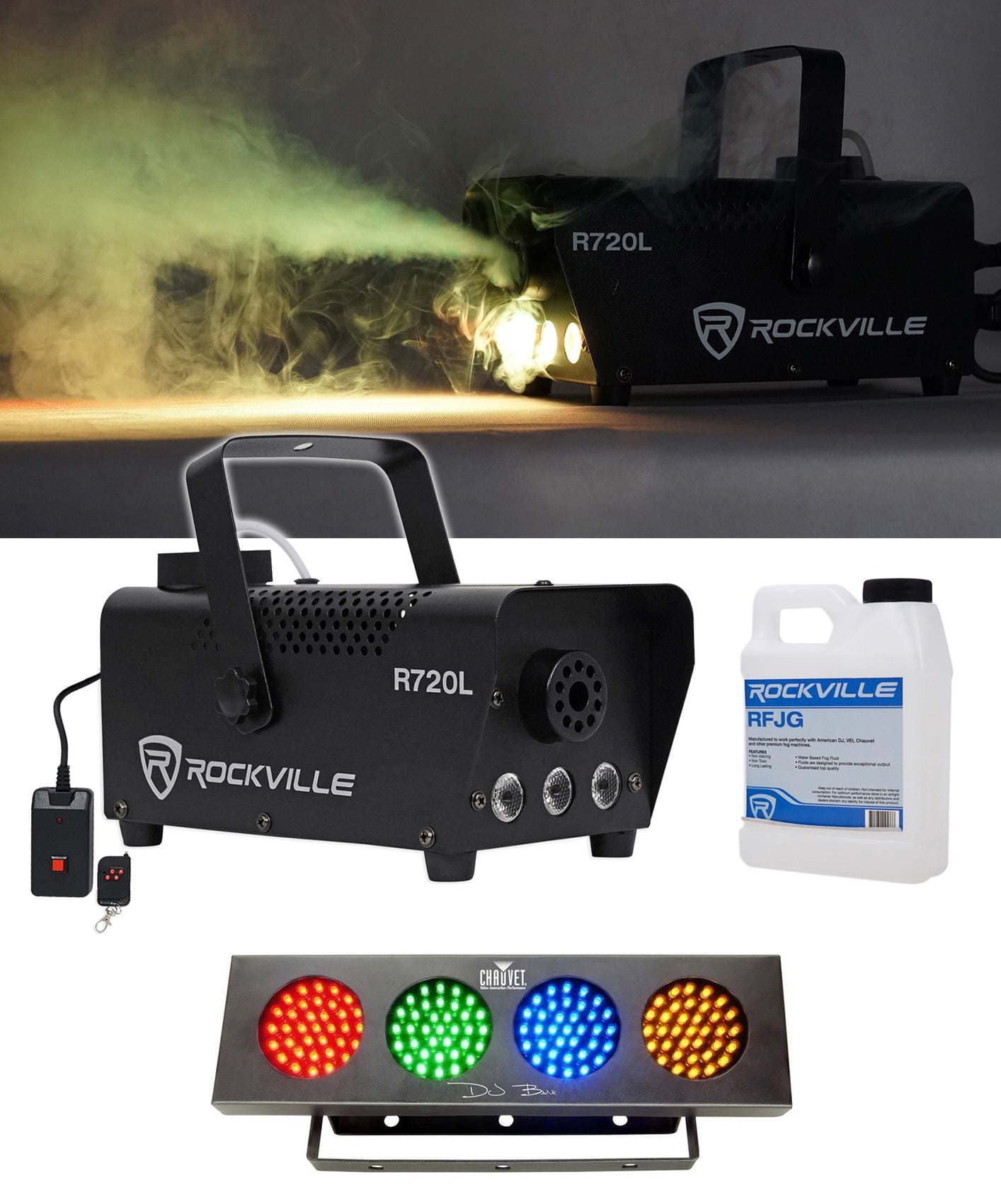Rockville R720L LED Fog/Smoke Machine w/ Remote + DJ Bank RGBA LED Light