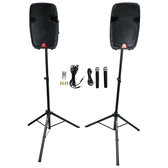 Rockville RAMSYS12 Pair 12" Battery Powered Pro Bluetooth DJ PA Speakers 2 Mics