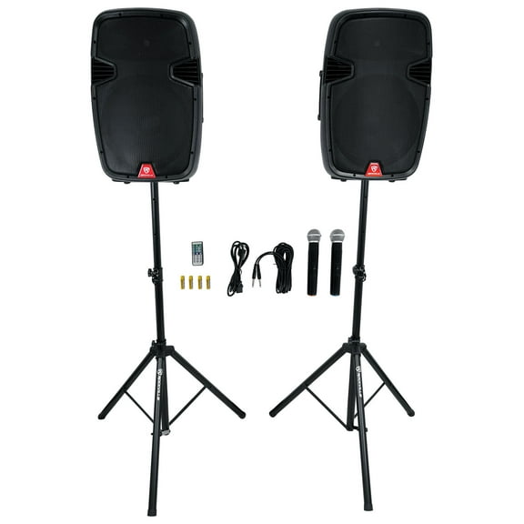Rockville RAMSYS15 Pair 15" Battery Powered PA Speakers+Stands+Wireless Mics
