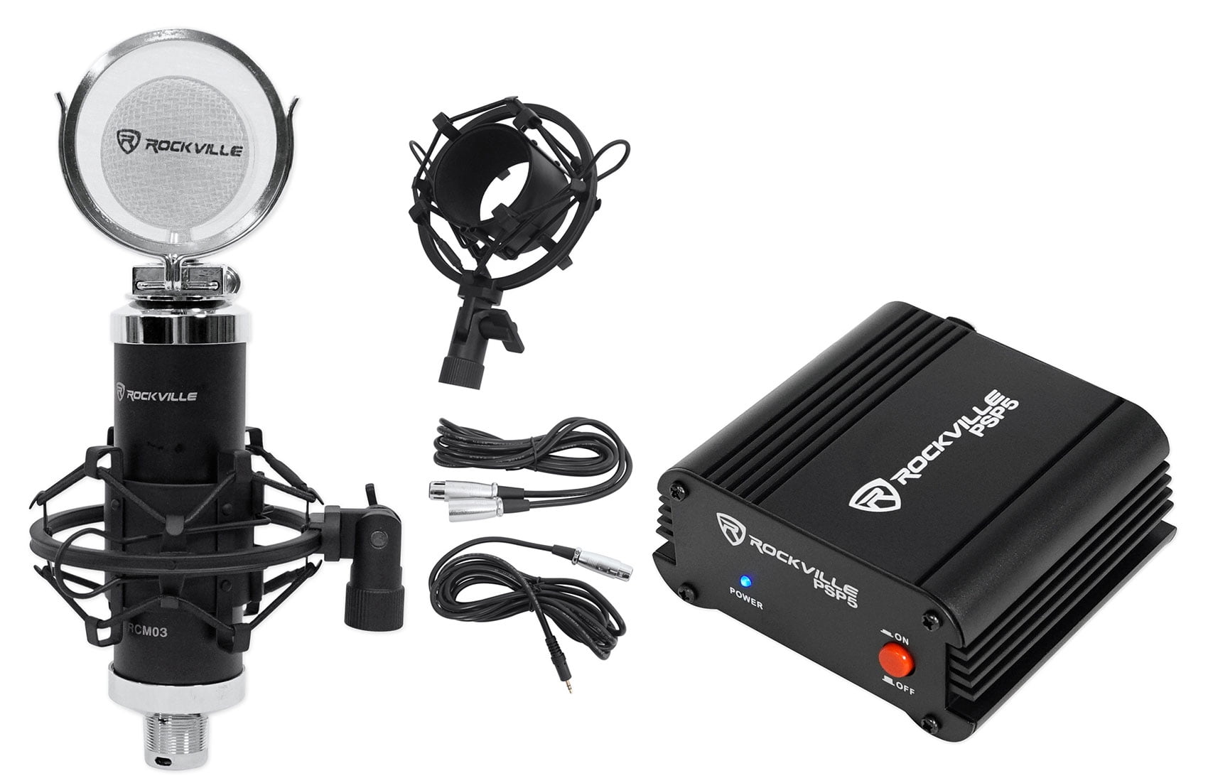 Rockville RCM03 Studio Recording Condenser Microphone+Phantom Power Supply