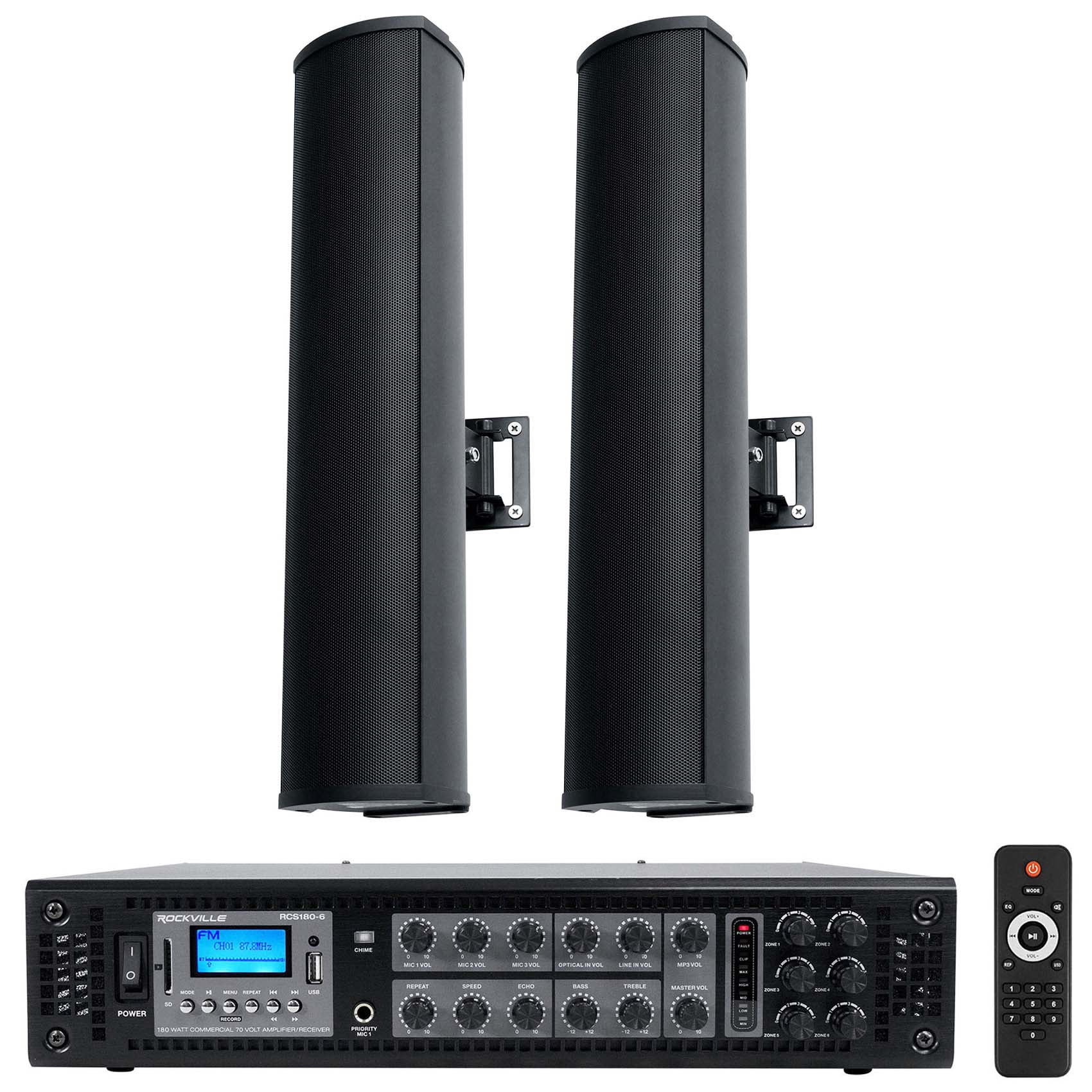 Rockville RCS180-6 70v Commercial Bluetooth Amplifier + (2) Line Array ...