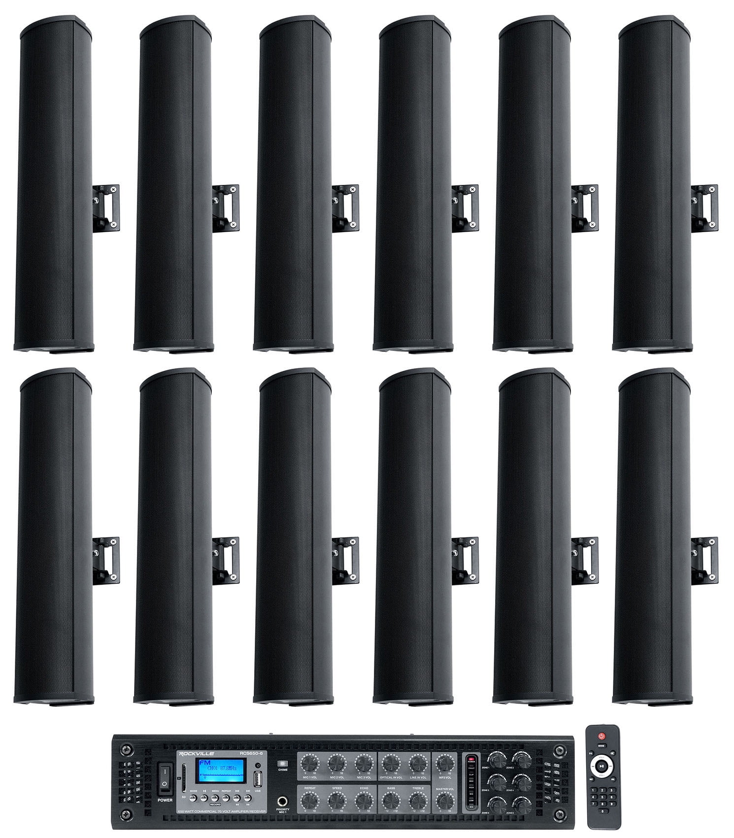 Rockville RCS650-6 70v Commercial Bluetooth Amplifier + (12) Line Array ...