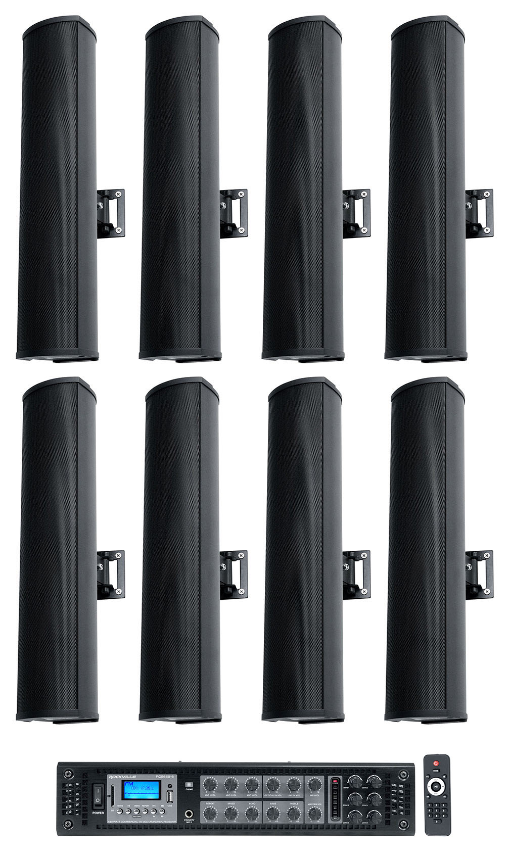 Rockville RCS6506 70v Commercial Bluetooth Amplifier + (8) Line Array