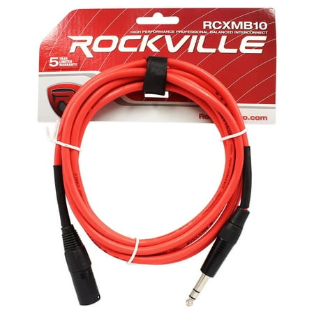 Rockville RCXMB10R 10' Male REAN XLR to 1/4'' TRS Cable Red 100% Copper