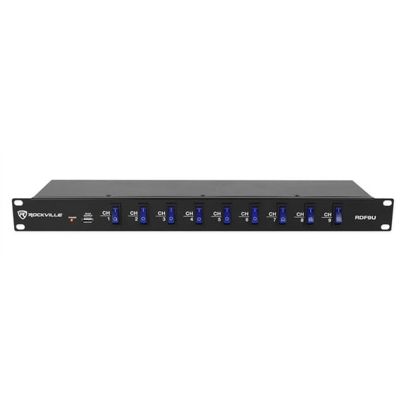 Rockville RDF9U 1U 15A Rack Mount DJ Pro Audio Power Supply Strip w/ USB Charging
