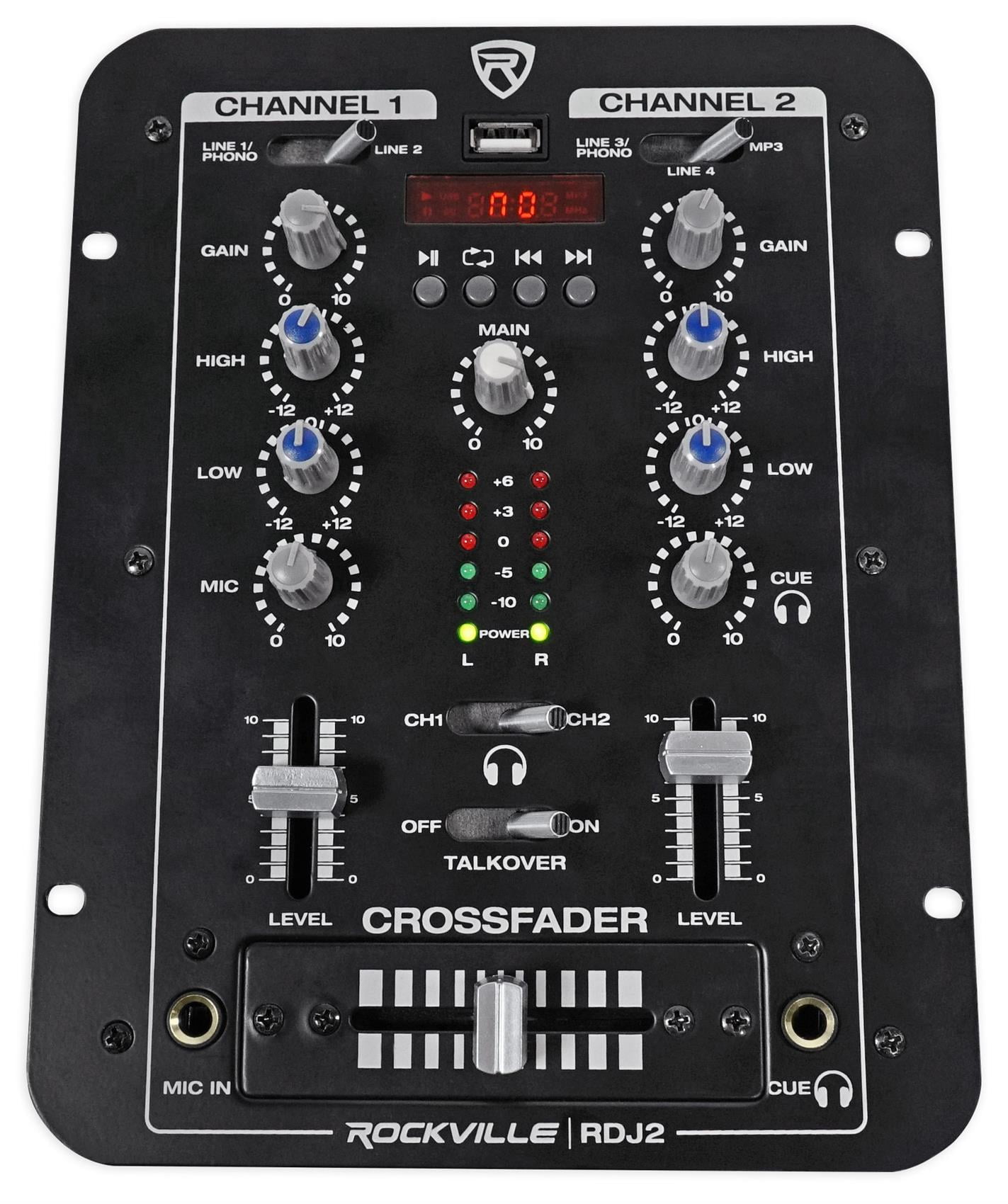 Rockville Compact 2 Channel DJ Mixer with USB And LED