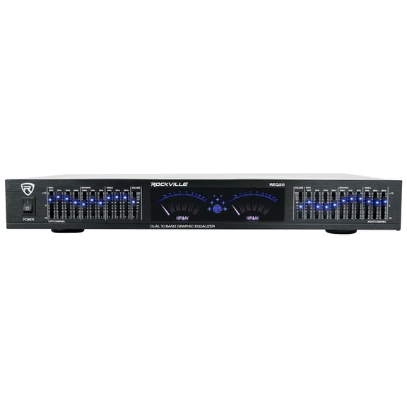 Rockville REQ20 Dual 10 Band Graphic Equalizer 19" Rack Mount, Stereo RCA Inputs/Outputs, VU Meters, LED-Lit Sliders, for Live Sound and Studio Recording