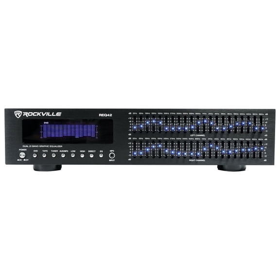 Rockville REQ42-B Dual 21-Band Graphic Equalizer, 19" Rack Mount, RCA In/Out, 3.5mm MP3 Input, LED Indicators, VU Meters, for Studio and Live Sound