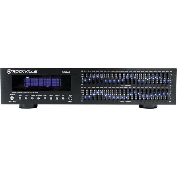 Rockville REQ42-B Dual 21-Band Graphic Equalizer, 19" Rack Mount, RCA In/Out, 3.5mm MP3 Input, LED Indicators, VU Meters, for Studio and Live Sound