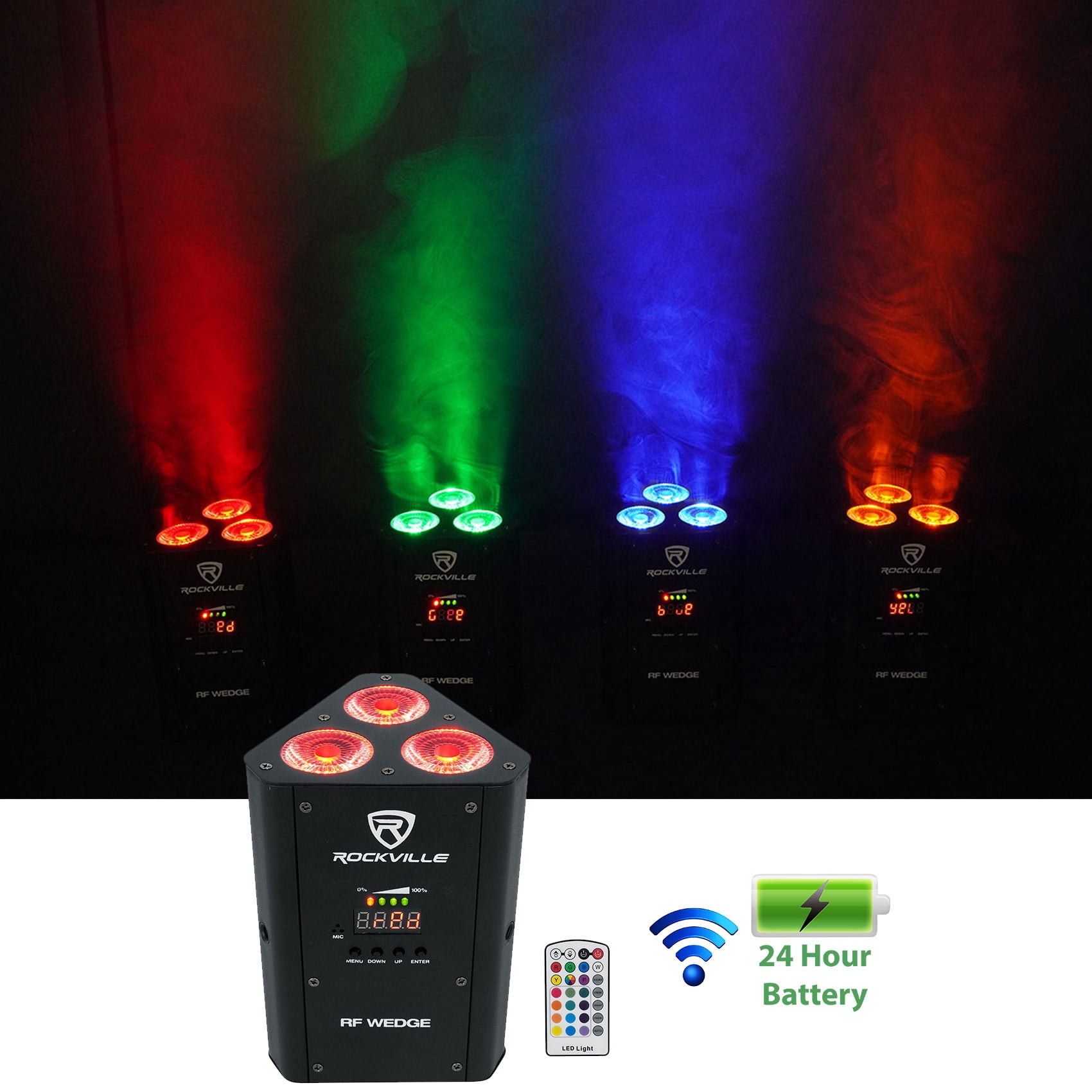 Rockville RF WEDGE BLACK RGBWA+UV Battery Wireless DMX DJ Par Up Light ...