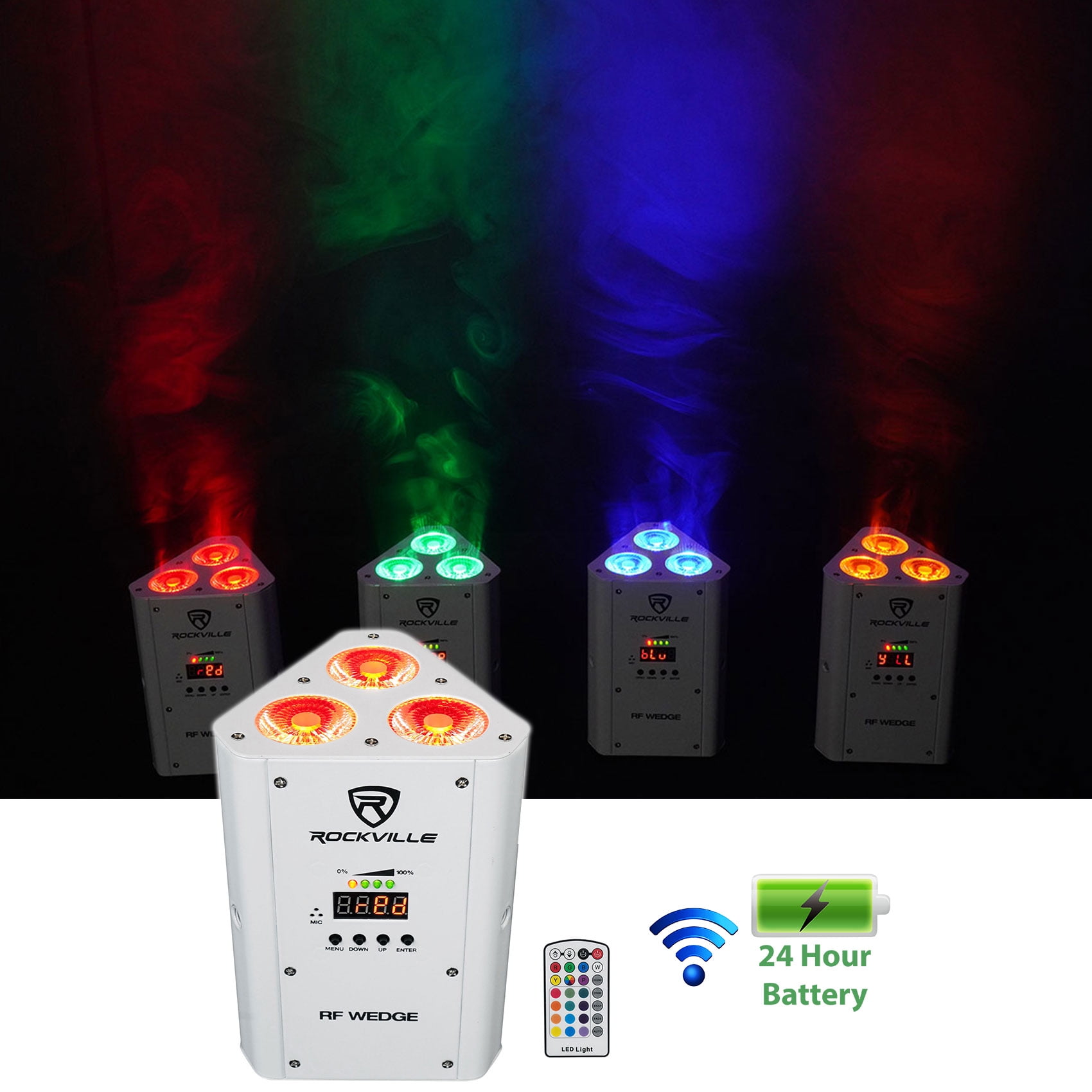 Rockville RF WEDGE WHITE RGBWA+UV Battery Wireless DMX DJ Par Up Light ...